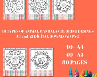 Målarbilder med djurmandala för barn – 40 designer (digital nedladdning)