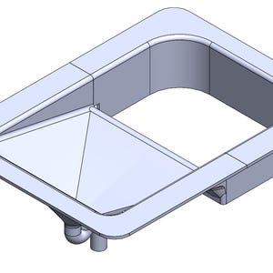 Può includere: Una maniglia incassata rettangolare grigio chiaro con un'apertura arrotondata e un interno triangolare. Due piccole caratteristiche cilindriche si estendono dal basso. Il design è un rendering 3D.