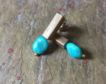 rustic turquoise post earrings, turquoise modernist stud earrings, sterling silver post earrings, blue turquoise beaded post earrings, OOAK,