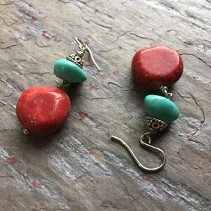 turquoise coral nugget earrings, sleeping beauty turquoise earrings, sterling silver earrings, turquoise statement earrings, OOAK