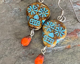 Sugar Skull Earrings, Sterling Silver Earrings, Halloween, Gothic Jewelry, Day of the Dead, Skull Jewelry,