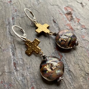 Dichroic Coin & Cross Lampwork Lever Back Earrings, Dichroic Glass, Sterling Silver, Mixed Metal, Lampwork Beaded, Single earring statement,