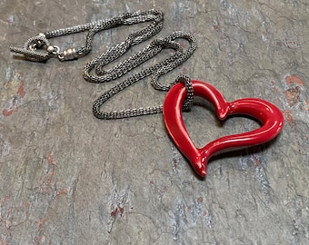 Big Red Heart Pendant, Valentines gift, Statement Necklace, Long heart necklace, light weight jewelry, OOAK,