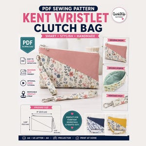 Peut inclure: Un patron de couture PDF pour le sac pochette Kent Wristlet. Le modèle présente un extérieur bicolore avec un imprimé floral et un tissu rose uni, une dragonne amovible et une fermeture éclair. Inclut des schémas de 22,5 par 13,5 cm.