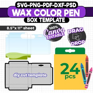 24 Crayon Box Template: Editable Canva Packaging (SVG, PNG, DXF)