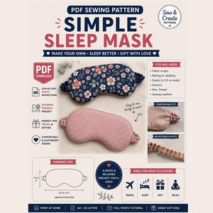 May include: A PDF sewing pattern for a simple sleep mask. The image displays two finished masks: one with a dark blue floral print and one with a dusty pink polka dot pattern. It includes a diagram with dimensions of 4 inches by 8.7 inches.