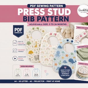 May include: A PDF sewing pattern for a press stud bib, featuring three bibs with animal, rainbow, and sea creature prints. The pattern includes sizes for 3 to 26 months, with instructions for A4, US letter, A0, and projector printing formats.