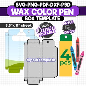 4 Pcs Crayon Box Cut File, Wax Box Template, Crayon Box Svg Template, Easy Editable, Box Template, Party Favor Box, Gift Box Svg, Canva Edit