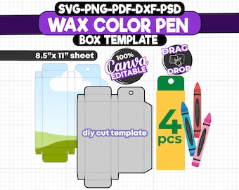 4 st. kritlåda klippfil, vaxlåda mall, kritlåda svg mall, lätt redigerbar, låda mall, festfavörsask, presentask svg, canva redigering