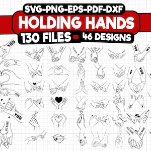 Puede incluir: Una descarga digital de 46 diseños diferentes de manos que se toman de la mano. Los diseños son en blanco y negro e incluyen varias poses y texto como "You" y "His Name".