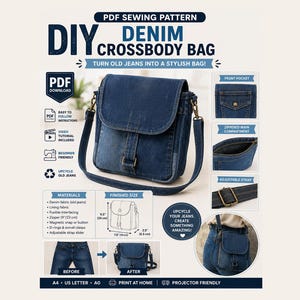 Op de afbeelding: Een PDF-naaipatroon voor een DIY denim schoudertas. De afbeelding toont een blauwe spijkerstof tas met een klep, voorvak, ritsvak en verstelbare riem. Tekst bevat 'DIY DENIM CROSSBODY BAG', 'PDF DOWNLOAD' en afmetingen 24cm x 19cm x 6,5cm.