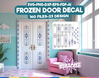 May include: Frozen door decal design featuring a white door with blue and pink floral patterns. The decal is available in 23 designs and 160 files. The image also includes a pink armchair and a text overlay that says "Instant Download".