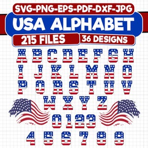May include: A set of 215 files containing 36 designs of the American alphabet and numbers in a red, white, and blue color scheme, resembling the American flag. The letters and numbers are in a bold, blocky font.