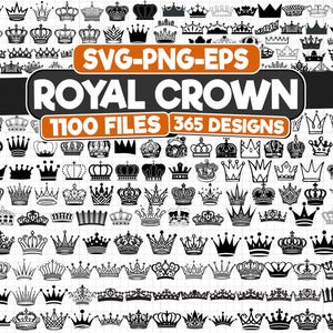 Puede incluir: Una colección de 1100 diseños de coronas reales en blanco y negro en formatos SVG, PNG y EPS. La imagen presenta varios estilos de coronas, con el texto "ROYAL CROWN" y "1100 FILES 365 DESIGNS".