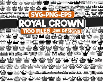 May include: A collection of 1100 black and white royal crown designs in SVG, PNG, and EPS formats. The image features various crown styles, from simple to ornate, with the text "ROYAL CROWN" and "1100 FILES 365 DESIGNS".