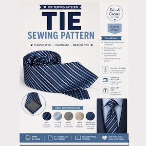 Puede incluir: Un patrón de costura en PDF para una corbata con un diseño de rayas azul oscuro y azul claro. El documento incluye texto como TIE SEWING PATTERN, recomendaciones de telas e instrucciones paso a paso con fotos para la corbata.