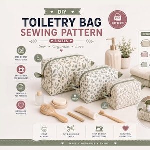 May include: A DIY toiletry bag sewing pattern featuring three sizes of zippered pouches with botanical prints. The image displays a large, medium, and small bag, along with a PDF pattern icon, sewing instructions, and dimensions in inches and cm.