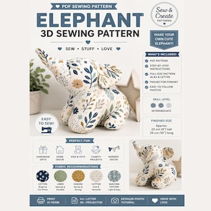 Op de afbeelding: Een PDF-naaipatroon voor een 3D-olifantknuffel. Het patroon heeft een bloemenprint in marineblauw, mosterdgeel en saliegroen op een crèmekleurige achtergrond. De afgewerkte olifant is ongeveer 23 cm hoog en 25 cm lang.