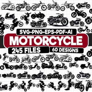 以下が含まれることがあります： 白黒のバイクのデザインコレクション。様々なスタイルのバイクとライダーが描かれています。「MOTORCYCLE」の文字と、ファイル数やデザインに関する情報も含まれています。