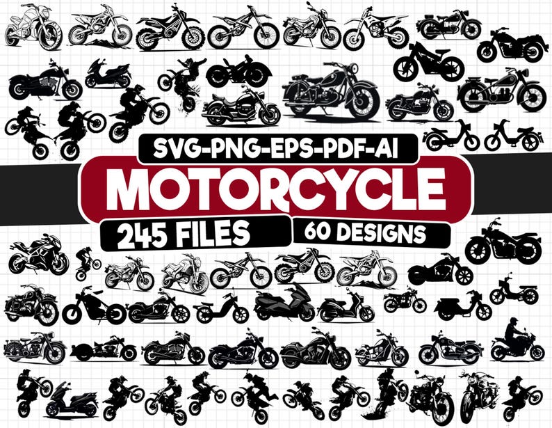以下が含まれることがあります： 白黒のバイクのデザインコレクション。様々なスタイルのバイクとライダーが描かれています。「MOTORCYCLE」の文字と、ファイル数やデザインに関する情報も含まれています。