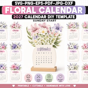 Può includere: Un modello di calendario floreale 2027 fai-da-te con dodici pagine mensili e illustrazioni di fiori ad acquerello. Il design include un supporto centrale, date che iniziano di domenica e i formati di file SVG, PNG, EPS, PDF, JPG e DXF per la stampa.