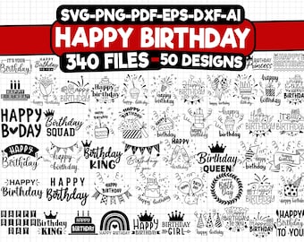 Happy Birthday SVG Bundle: 50 Doodle Designs, Cut Files