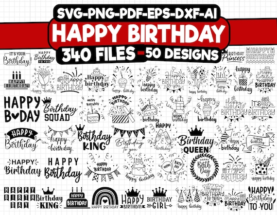 Happy Birthday SVG Bundle: 50 Doodle Designs, Cut Files