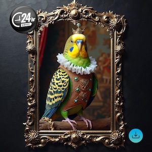 Renaissance Budgie Painting, Budgie Pet Portrait From Photo, Bird Portrait Customized, Parakeet Budgie Art, Bird Lover Gift, Royal Portrait