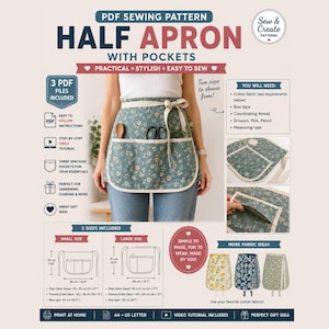 May include: A PDF sewing pattern for a half apron with pockets, featuring a blue floral fabric with white trim. The graphic includes diagrams with measurements in inches and centimeters, a list of materials, and photos of the finished apron.