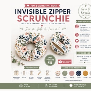 Peut inclure: Un patron de couture PDF pour un chouchou à fermeture éclair invisible en tissu à motif floral. L'image montre deux chouchous finis, dont un avec une fermeture éclair visible, ainsi que des textes détaillant le matériel et les instructions.