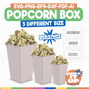 Può includere: Tre scatole di popcorn bianche di diverse dimensioni. Le scatole sono etichettate con le dimensioni: 5,6" x 3,66", 4,4" x 2,9" e 3,5" x 2,3". Il testo "INSTANT DOWNLOAD" è anche visibile.