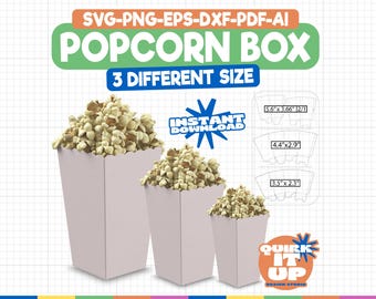 May include: Three white popcorn boxes in different sizes. The boxes are labeled with the dimensions: 5.6" x 3.66", 4.4" x 2.9", and 3.5" x 2.3". The text "INSTANT DOWNLOAD" is also visible.