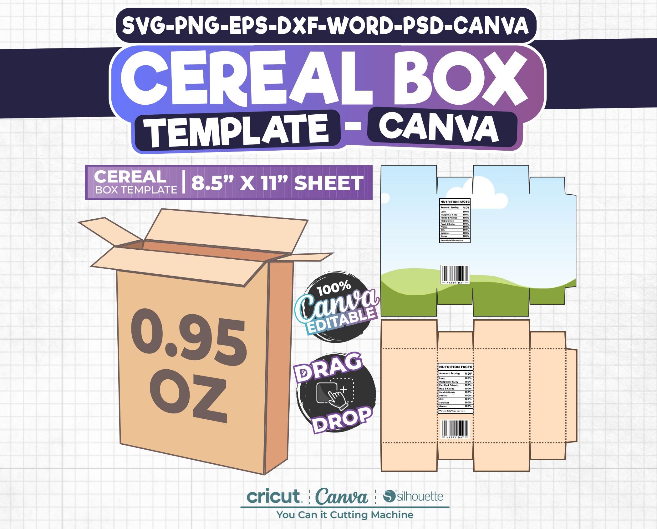 0.95 oz Cereal Box Template, Cereal Box Svg, Editable Canva, Cereal Packaging template, Snack Box Template,DIY Box, Instant Download,Digital