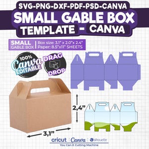 Pode incluir: Um modelo para uma caixa de gablete pequena, medindo 3,1 polegadas por 2,0 polegadas por 2,4 polegadas. O modelo é projetado para uso com as máquinas de corte Cricut, Canva e Silhouette. O modelo é 100% editável e inclui uma função de arrastar e soltar. O modelo é mostrado em uma cor marrom clara.