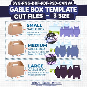 Lot de modèles de boîte à pignon, boîte à pignons Canva svg, Canva, boîte Svg pour Cricut, coffrets cadeaux, coffret cadeau d'anniversaire, téléchargement immédiat, fichiers numériques