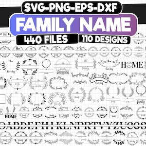 Puede incluir: Un diseño gráfico en blanco y negro con 110 diseños diferentes para letreros de nombres de familia. Los diseños incluyen coronas, pancartas y texto. El texto incluye las palabras "The Family", "Home" y "Welcome to our Home". La imagen también incluye las letras del alfabeto.