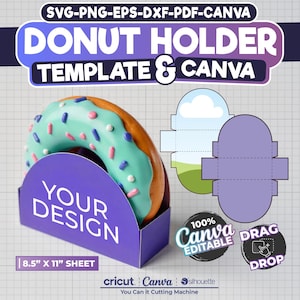 Könnte beinhalten: Eine Vorlage für einen Donut-Halter mit einer Donut-Illustration und dem Text "YOUR DESIGN" auf einem violetten Hintergrund. Die Vorlage ist 8,5 Zoll mal 11 Zoll groß und kann mit Cricut-, Canva- und Silhouette-Schneidemaschinen verwendet werden.