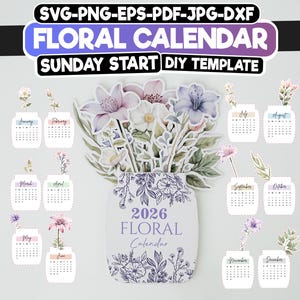 Pode incluir: Um modelo de calendário floral para 2026, com um vaso de flores e calendários mensais individuais. O design inclui o texto "FLORAL CALENDAR" e "SUNDAY START DIY TEMPLATE". A paleta de cores inclui tons pastel de rosa, roxo e azul.