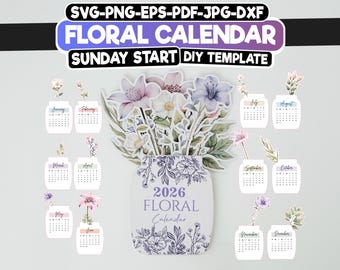 2026年花カレンダーSVG | 日曜始まりDIYカレンダーテンプレート | 印刷可能な花カレンダー | Cricut & Silhouette Cutファイル | デジタルファイル