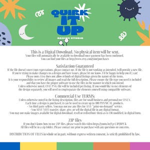 May include: A digital download notice with a green, yellow, and blue background. The text reads "This is a Digital Download. No physical item will be sent. Your files will automatically be available to download once payment has been confirmed. You can find your files at http://www.etsy.com/your/purchases". The text "Satisfaction Guaranteed" is in a blue box. The text "Commercial Use TERMS" is in a yellow box. The text "ZIP files" is in a green box. The text "DISTRIBUTION OF FILES in whole or in part, without express written consent, is strictly prohibited by law." is in a pink box.