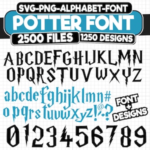 May include: A digital font design called "Potter Font" with 2500 files and 1250 designs. The font is a black, gothic-style font with lightning bolt accents. The font includes uppercase and lowercase letters, numbers, and symbols.