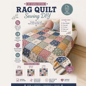 Puede incluir: Un patrón de costura DIY para una colcha de retazos con cuadrados de tela florales y de cuadros. El gráfico instructivo incluye etiquetas de texto para tamaños pequeño 102 x 127 cm, mediano 127 x 152 cm y grande 152 x 178 cm, además de iconos.