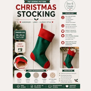 May include: A PDF sewing pattern for a Christmas stocking featuring a green body with a red cuff and toe. The document includes text such as CHRISTMAS STOCKING, finished size 36 cm by 23 cm, fabric recommendations, and detailed sewing instructions.
