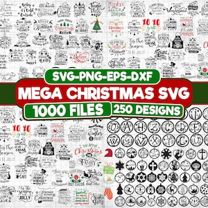 Może przedstawiać: Kolekcja 250 wzorów świątecznych w formacie SVG, w tym świąteczne pozdrowienia, ozdoby i ilustracje zimowe. Wzory są dostępne w formatach SVG, PNG, EPS i DXF. Obraz zawiera również tekst "MEGA CHRISTMAS SVG 1000 FILES 250 DESIGNS".