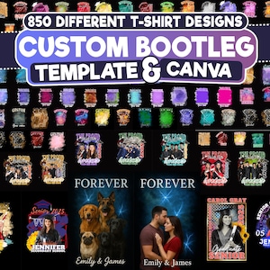 Pode incluir: Imagem promocional mostrando uma variedade de designs de camisetas. O texto diz "850 DIFFERENT T-SHIRT DESIGNS CUSTOM BOOTLEG TEMPLATE & CANVA." Os designs incluem temas de formatura, casais e retratos de animais de estimação. A imagem é uma colagem de gráficos potenciais para camisetas.