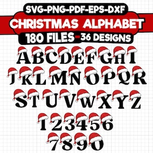 Alfabeto navideño SVG, letras y números de gorro de Papá Noel, letras A-Z SVG para Cricut, Silhouette Cameo, sublimación PNG, apellido, fuente festiva