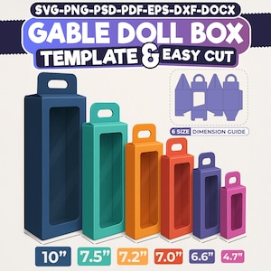 Tall Gable Box Template, Gable Doll Box SVG Bundle | 6 Size Printable Favor Box Template | Window Gift Box with Handle, Instant Download