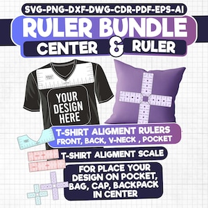 May include: A digital design bundle for t-shirt alignment rulers. The bundle includes rulers for the front, back, v-neck, and pocket of a t-shirt. It also includes a scale for placing designs on pockets, bags, caps, and backpacks. The rulers are shown on a purple cushion and a black t-shirt mockup.