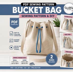 Pode incluir: Um molde de costura em PDF para uma bolsa saco de lona bege com cordão azul. O molde inclui dois tamanhos: pequeno com 15 cm de diâmetro por 22 cm de altura, e grande com 20 cm de diâmetro por 28 cm de altura. Inclui instruções passo a passo.