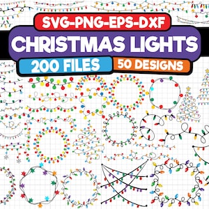 Puede incluir: Un conjunto de 50 diseños de luces navideñas, incluyendo coronas, guirnaldas y árboles, en varios colores. Los diseños están delineados en negro y rellenos de rojo, verde, azul, amarillo y blanco. El texto "SVG-PNG-EPS-DXF CHRISTMAS LIGHTS 200 FILES 50 DESIGNS" se muestra en la parte superior de la imagen.